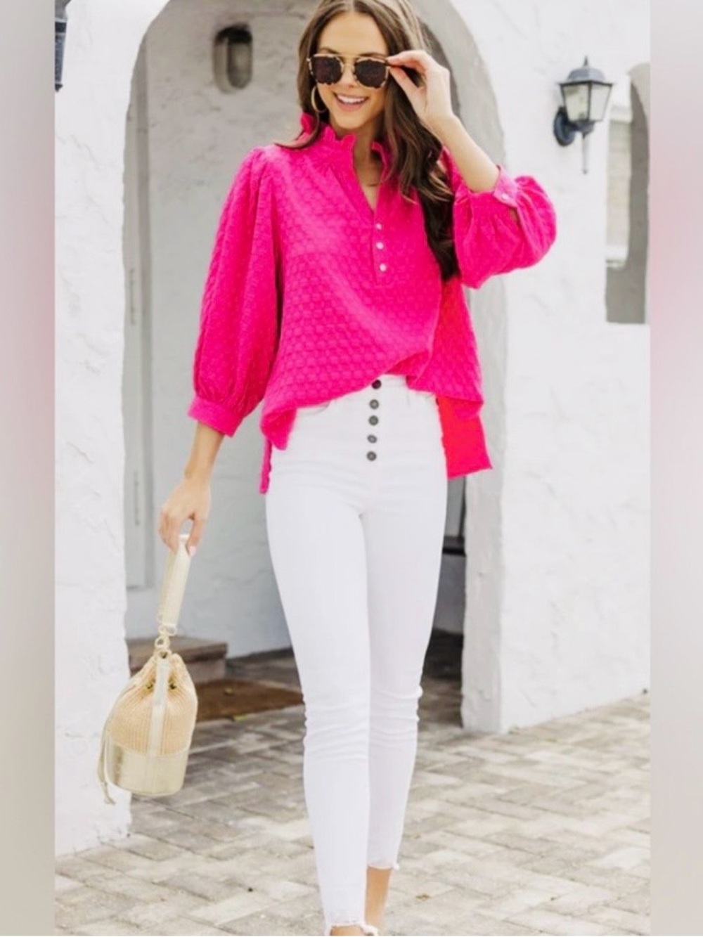 Shop the Mint Textured Knit V-Neck Pullover Blouse Ruffled Collar 3/4 sleeves M - Picture 3 of 9
